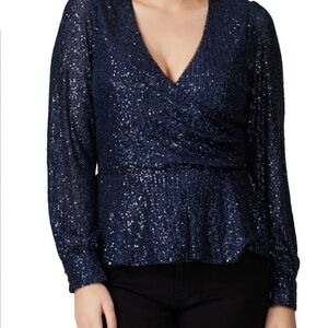Parker Rent the Runway Elegant Navy Sequin Wrap Top Large